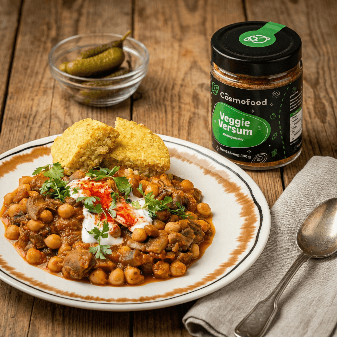 Teljesértékű gombapörkölt csicseriborsóval és spenóttal